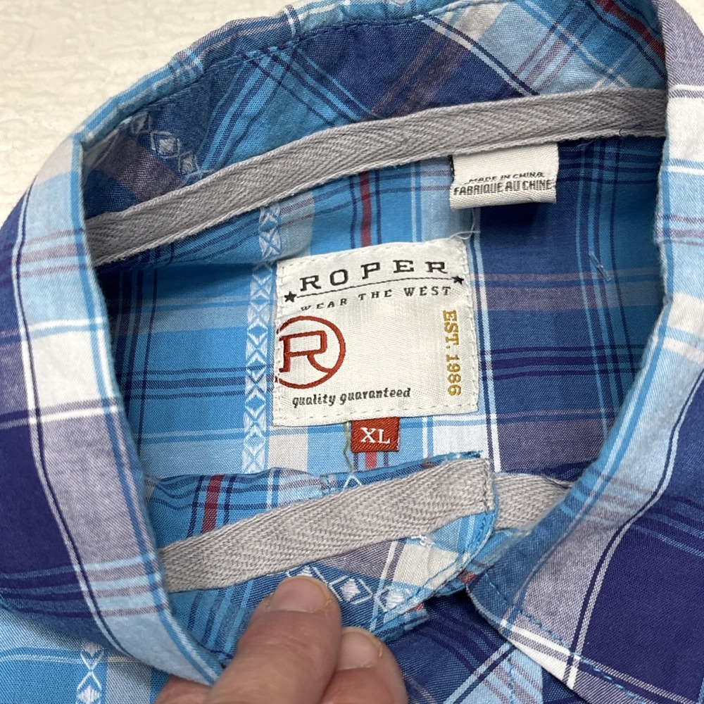 Roper Western Pearl Snap Shirt Mens X-Large Blue Plaid Embellished - Picture 7 of 12